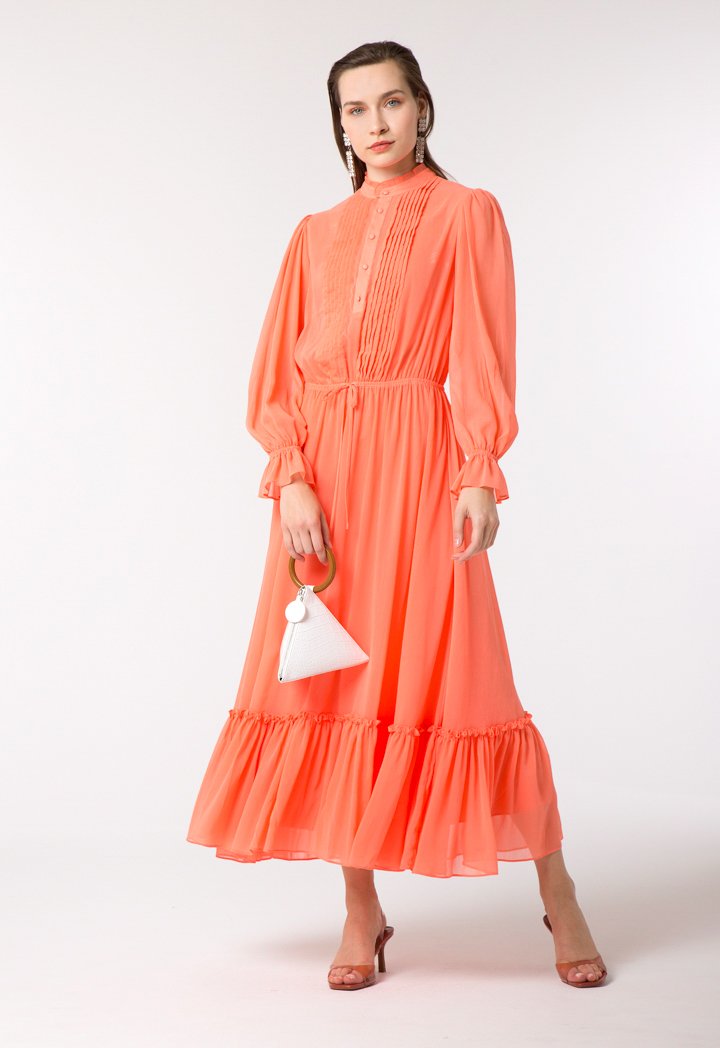 Ribbed Crepe Pleated Yoke Dress - Fresqa