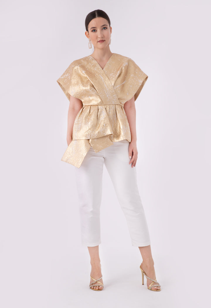 Lurex Jacquard Organza Overlap Neck Blouse