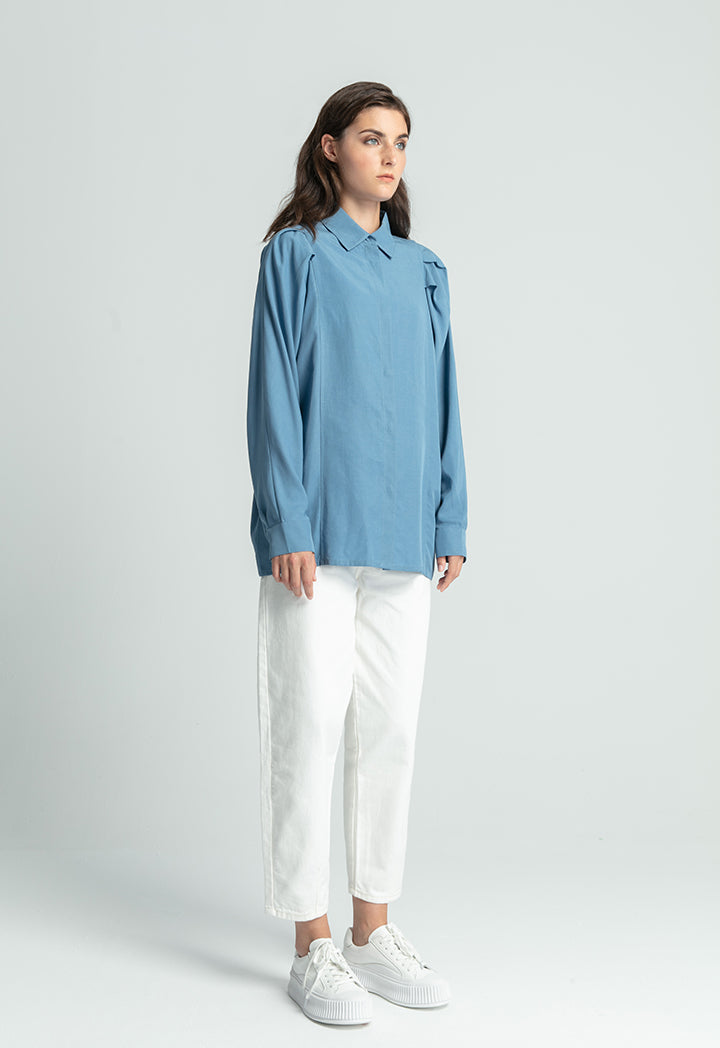 Pleated Balloon Sleeve Single Tone Shirt