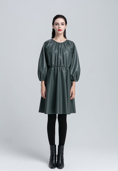 Raglan Sleeve Gathered Pu Dress