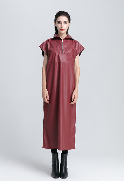 Front Yoke High Neck Faux Leather Dress