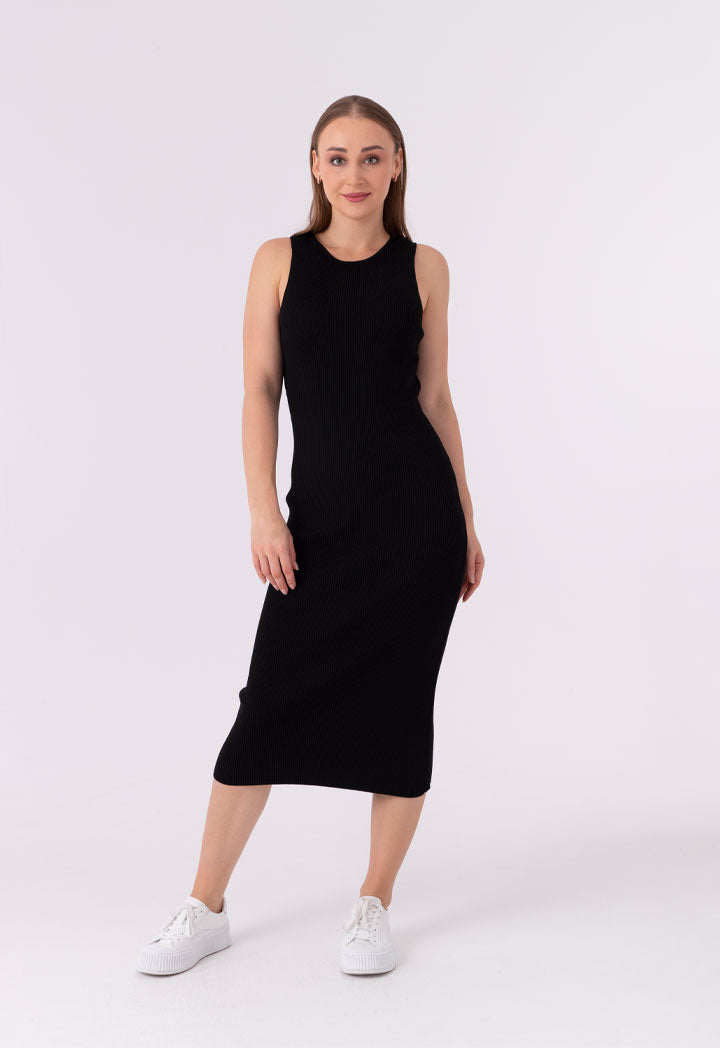 Cross Ribbed Long Basic Sleeveless Dress