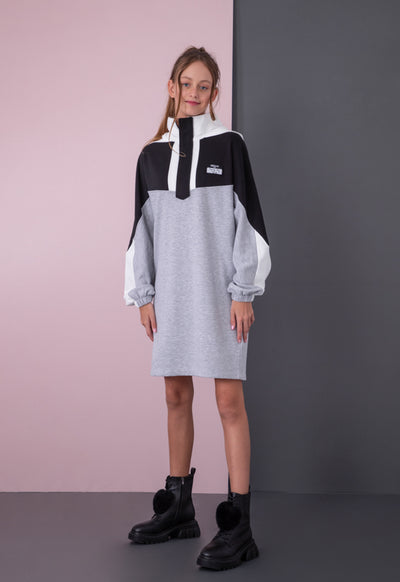 Color Block Stand Collar Hoodie Dress