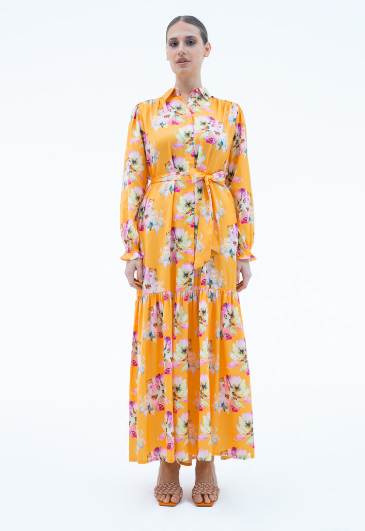 Printed Maxi Dress With Self Fabric Belt