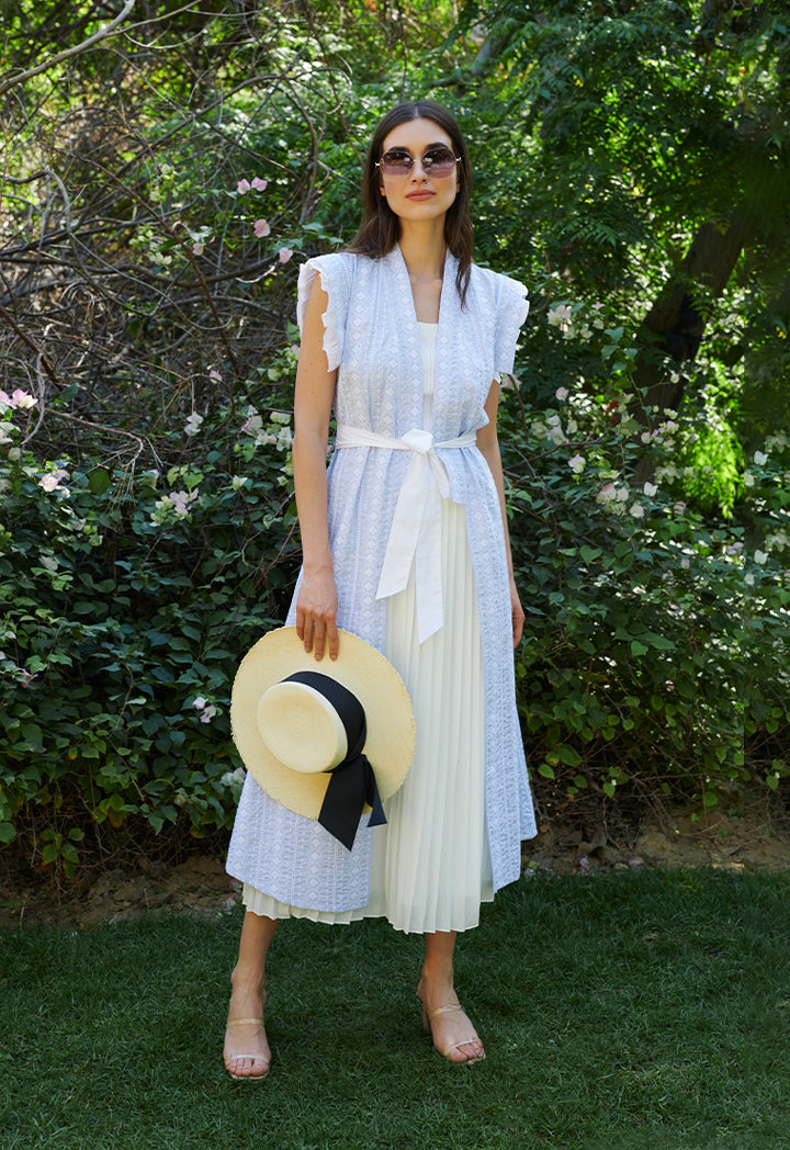 Embroidered Dress With Self Fabric Belt