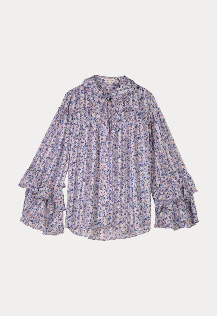 Layered Collar Tie Neck Printed Lurex Shirt