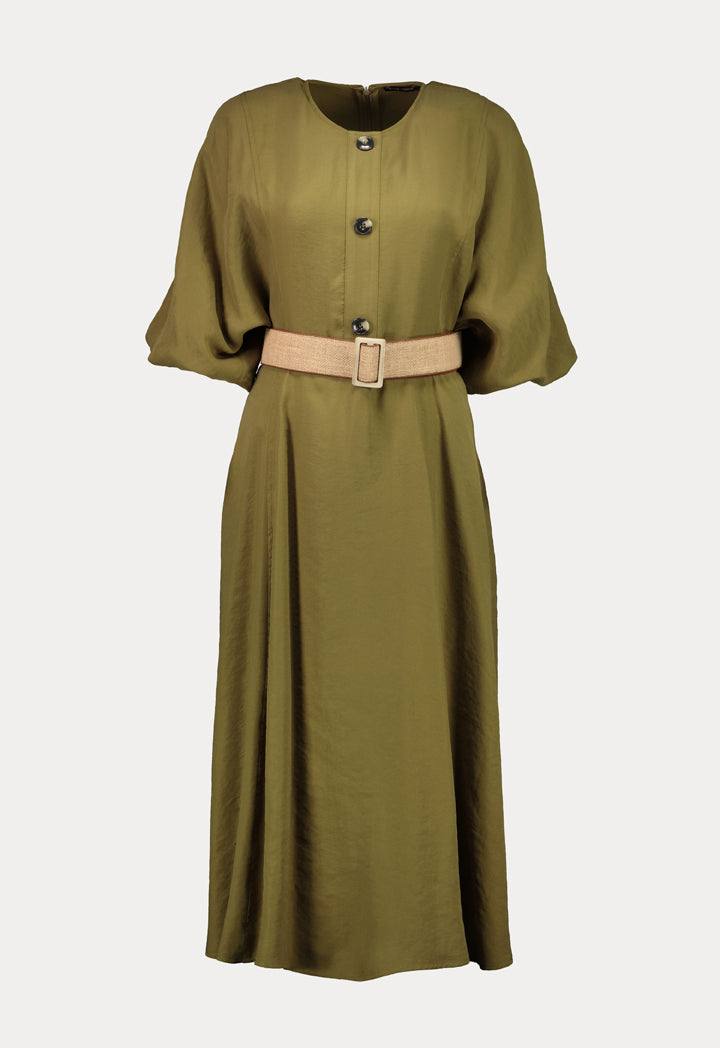 Faux Button Puff Sleeve Dress