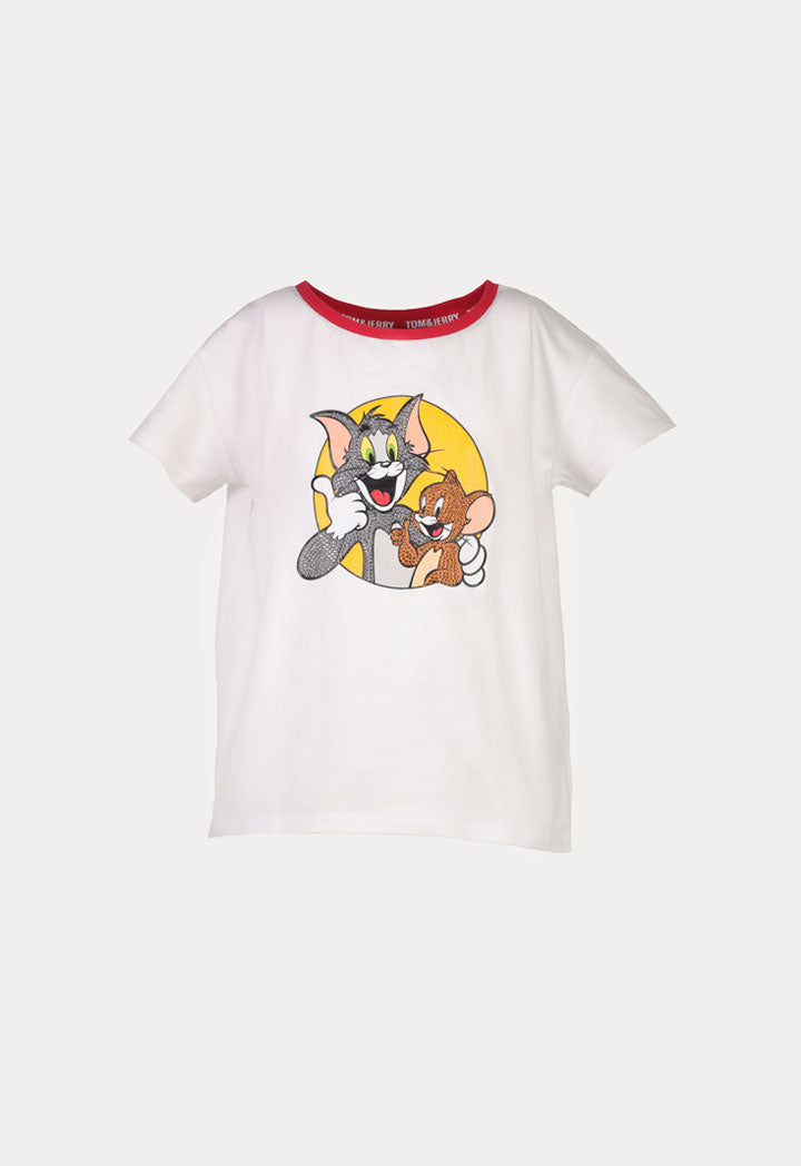 Tom And Jerry Rhinestone Print T-Shirt