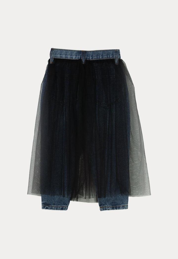 Tulle Overlay Denim Pants