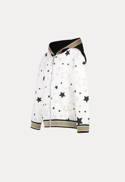 Lurex Flat Knit Rib Trim Printed Hoodie Jacket