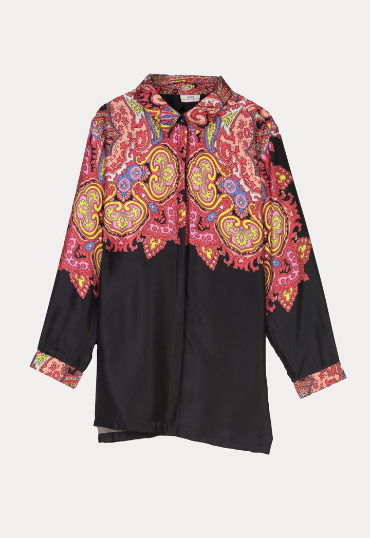 Paisley Print Satin Long Sleeve Shirt