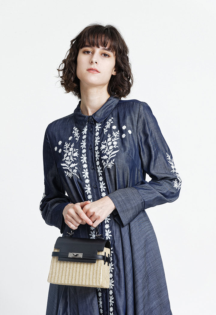 Contrast Embroidered Denim Dress