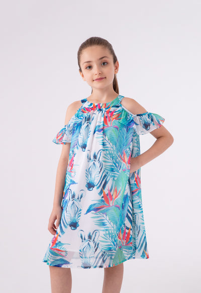 Cold Shoulder Printed Ruffle Dress