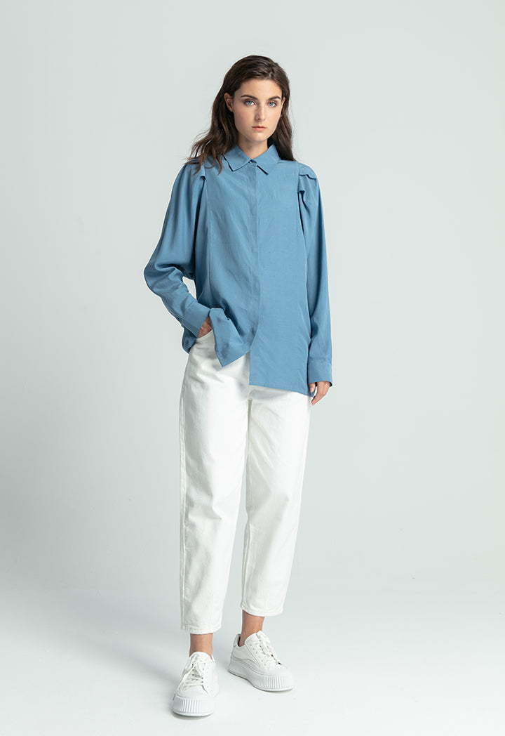 Pleated Balloon Sleeve Single Tone Shirt