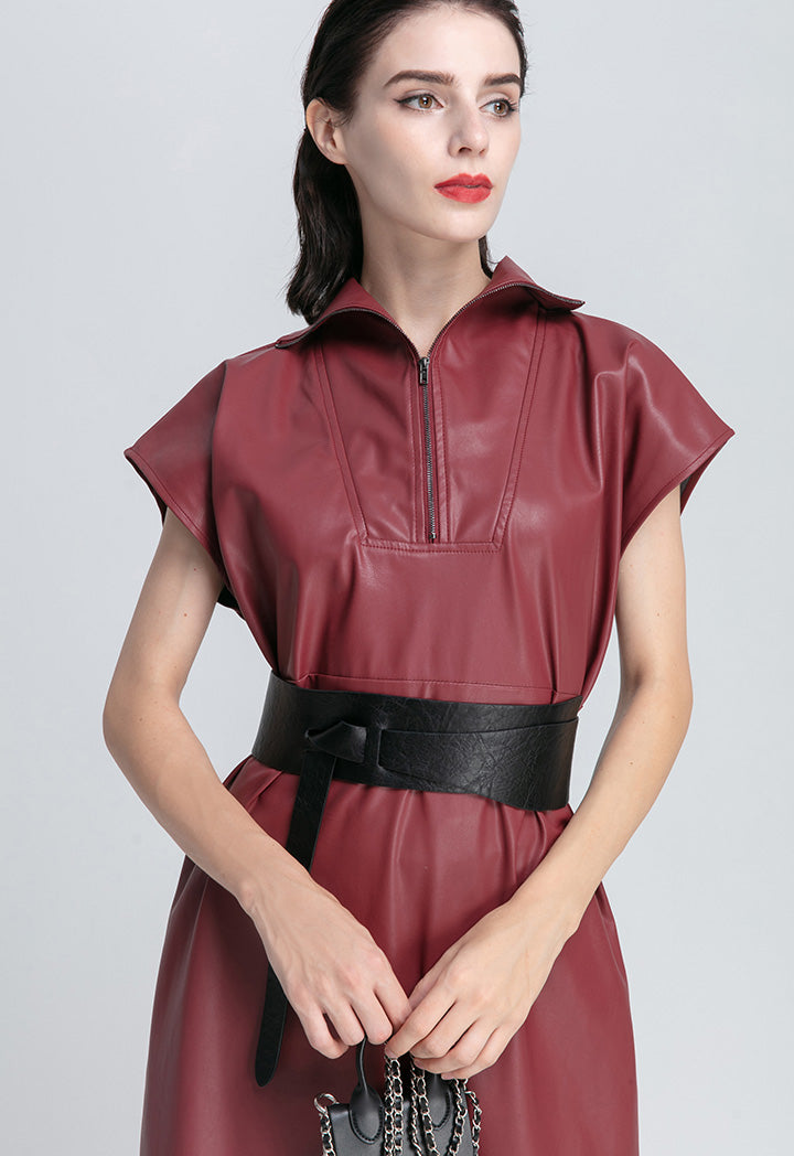 Front Yoke High Neck Faux Leather Dress