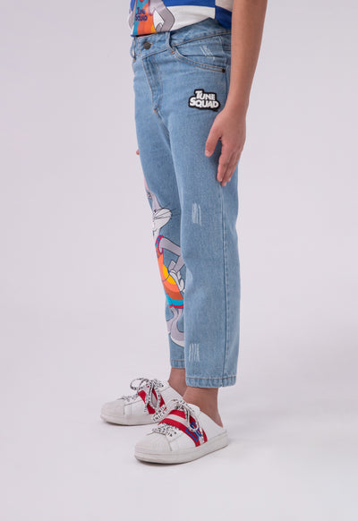 Space Jam Rubber Print Scratch Denim Pants