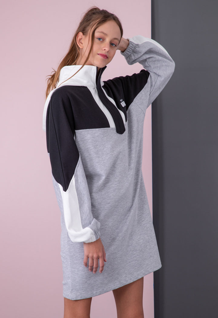 Color Block Stand Collar Hoodie Dress