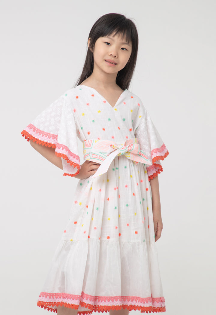 Lace Trim Butterfly Sleeves Embroidered Dress