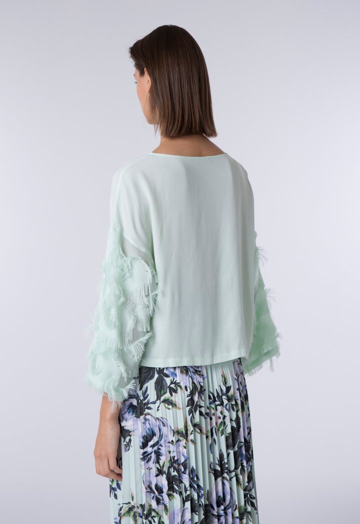 Feather Trimmed Sleeves Blouse