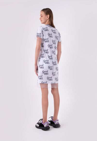 Tulle Overlay All Over Print Dress