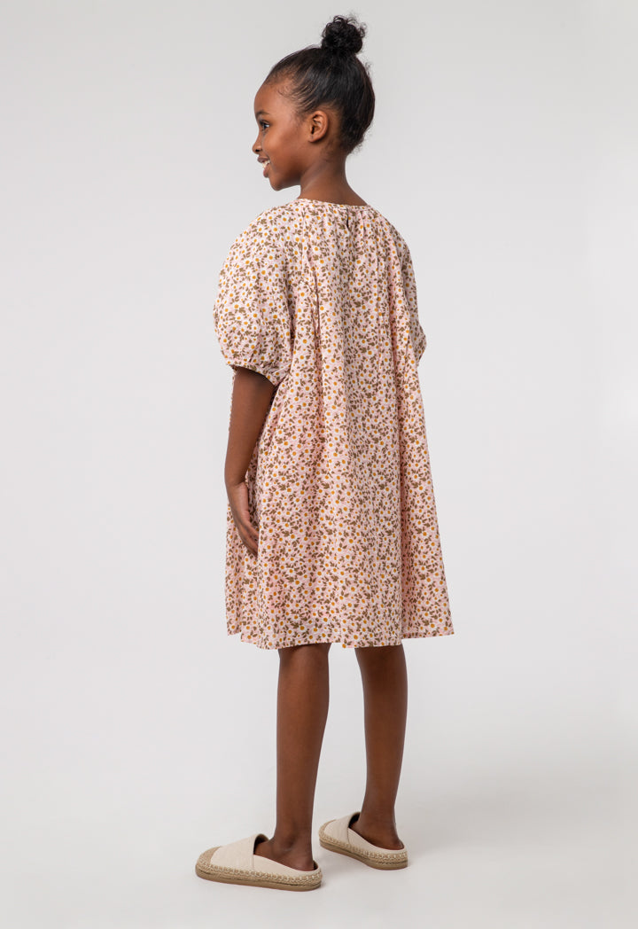 Floral Seersucker Raglan Puff Sleeves Cut Out Dress