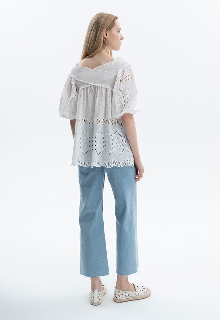 Off Shoulder Solid Schiffli Top