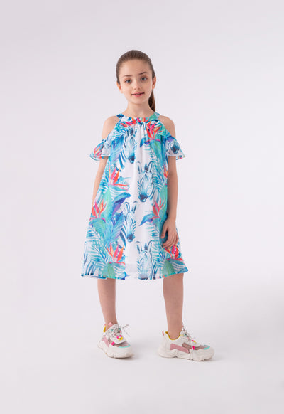 Cold Shoulder Printed Ruffle Dress