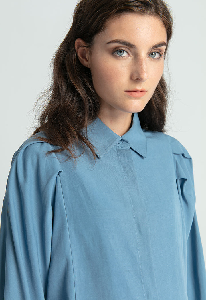 Pleated Balloon Sleeve Single Tone Shirt