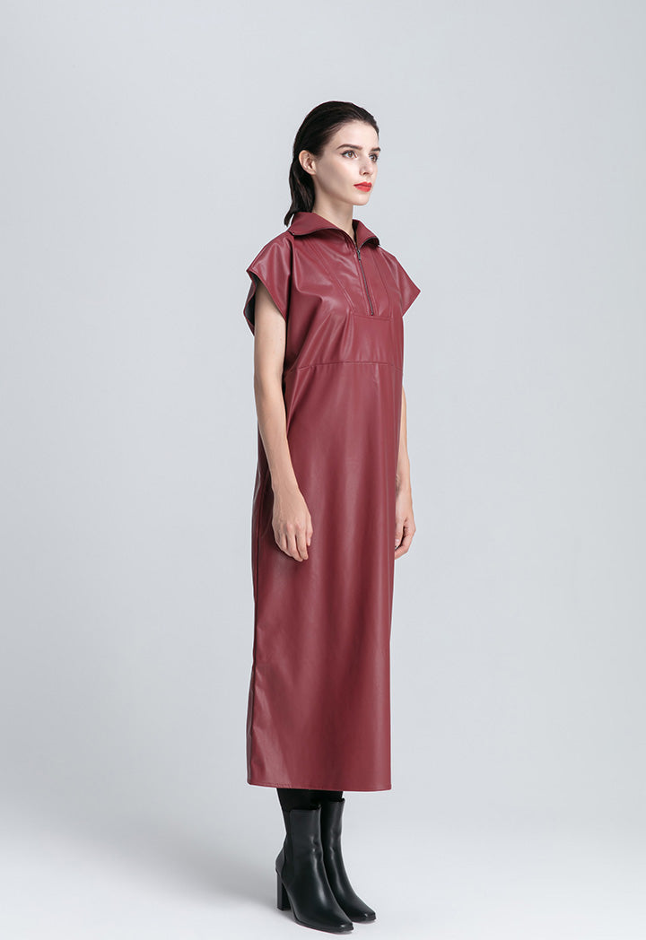 Front Yoke High Neck Faux Leather Dress