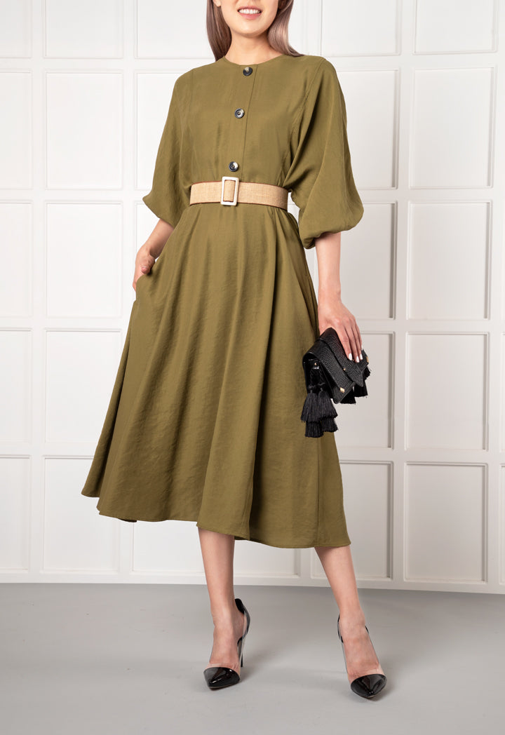 Faux Button Puff Sleeve Dress