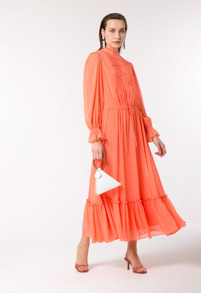 Ribbed Crepe Pleated Yoke Dress - Fresqa