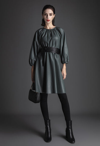 Raglan Sleeve Gathered Pu Dress