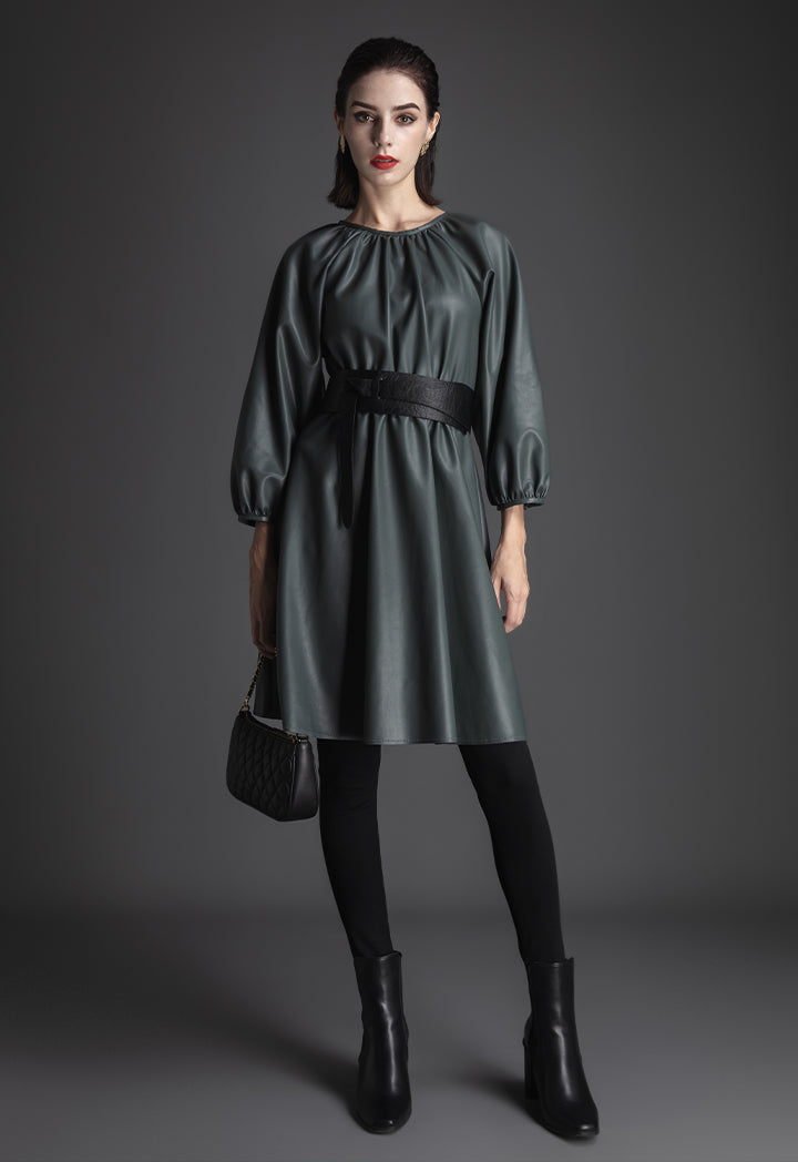 Raglan Sleeve Gathered Pu Dress