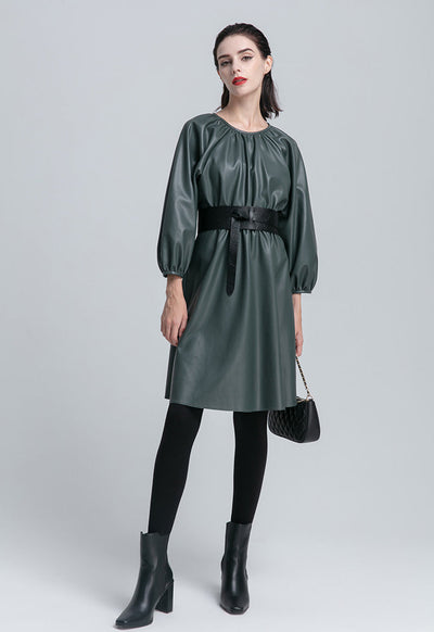 Raglan Sleeve Gathered Pu Dress