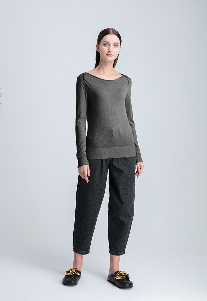 Boat Neck Solid Basic Knitwear