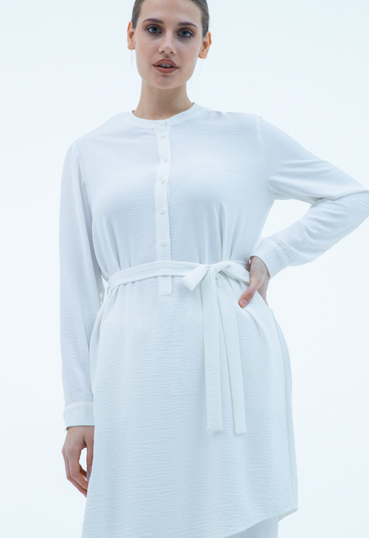 Round Hemline Waist Tie Shirt Dress