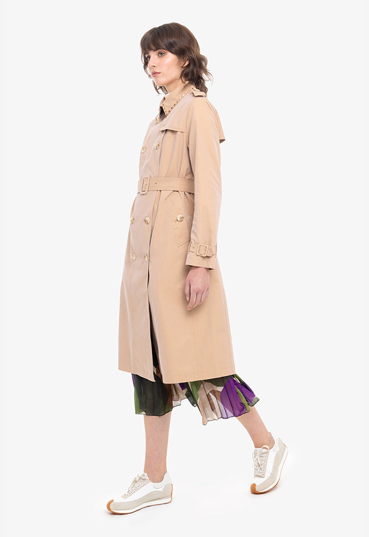 Studded Collar Gabardine Trench Coat