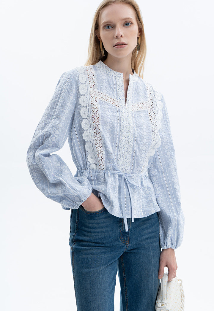 Embroidered Lace Blouse With Drawstring