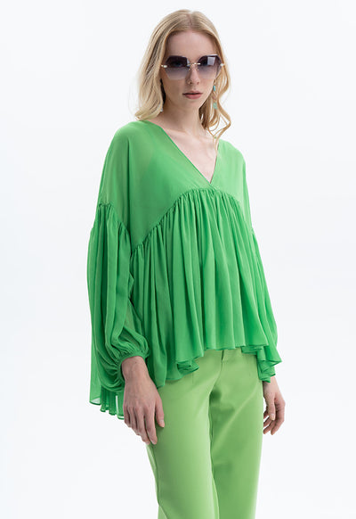 Solid Gathered Butterfly Tulle Blouse With Singlet