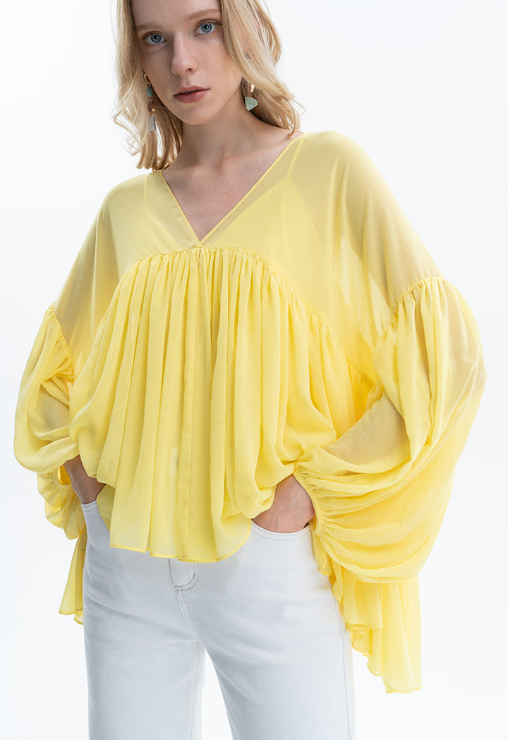 Solid Gathered Butterfly Tulle Blouse With Singlet