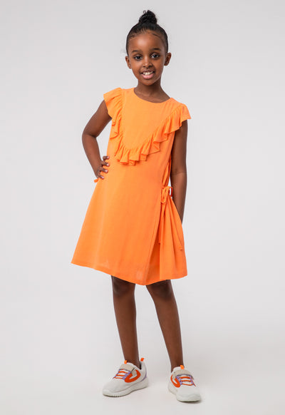 Solid Flared Ruffle Self Tie Girls Dress