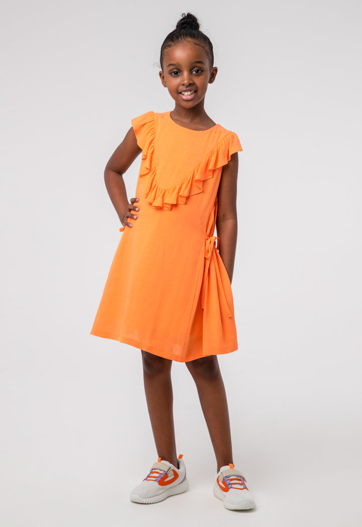 Solid Flared Ruffle Self Tie Girls Dress