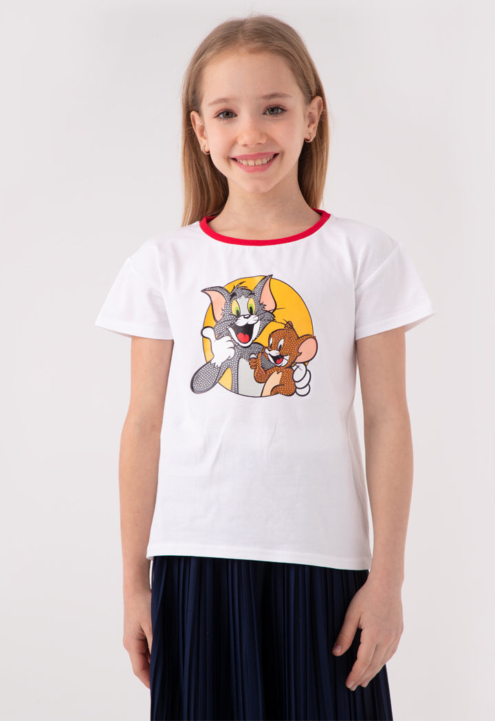 Tom And Jerry Rhinestone Print T-Shirt