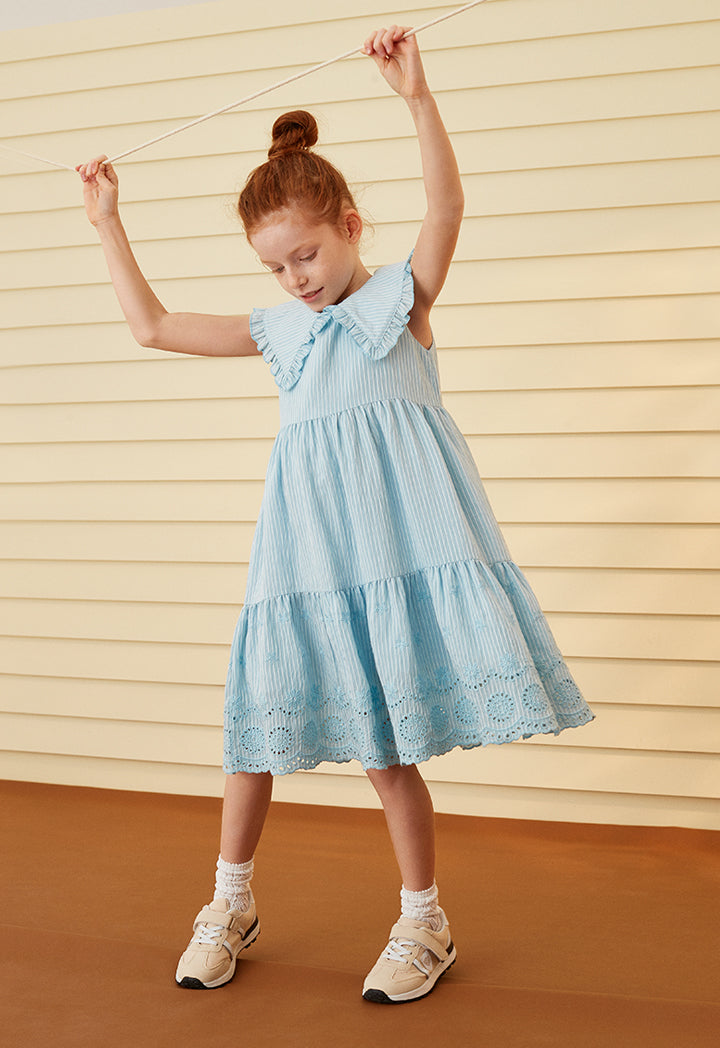 Embroider Stripe Ruffle Tiered Sleeveless Dress