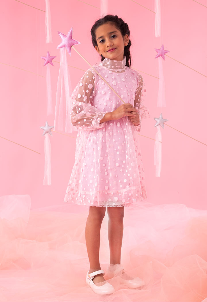 Polka Dot Flocked Mesh Lantern Sleeve Dress