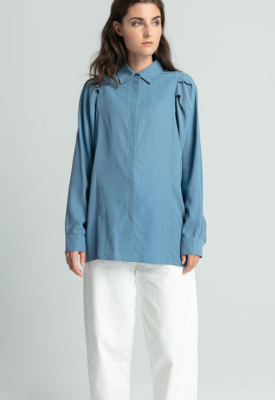 Pleated Balloon Sleeve Single Tone Shirt