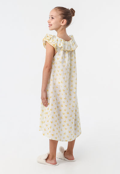 Flowers Printed With Ribbon Night Sleepwear Dress