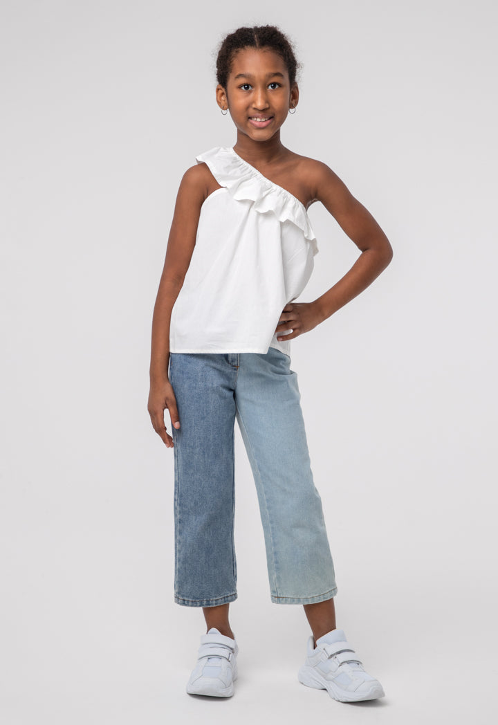 Solid Ruffle One Shoulder Sleeveless Blouse