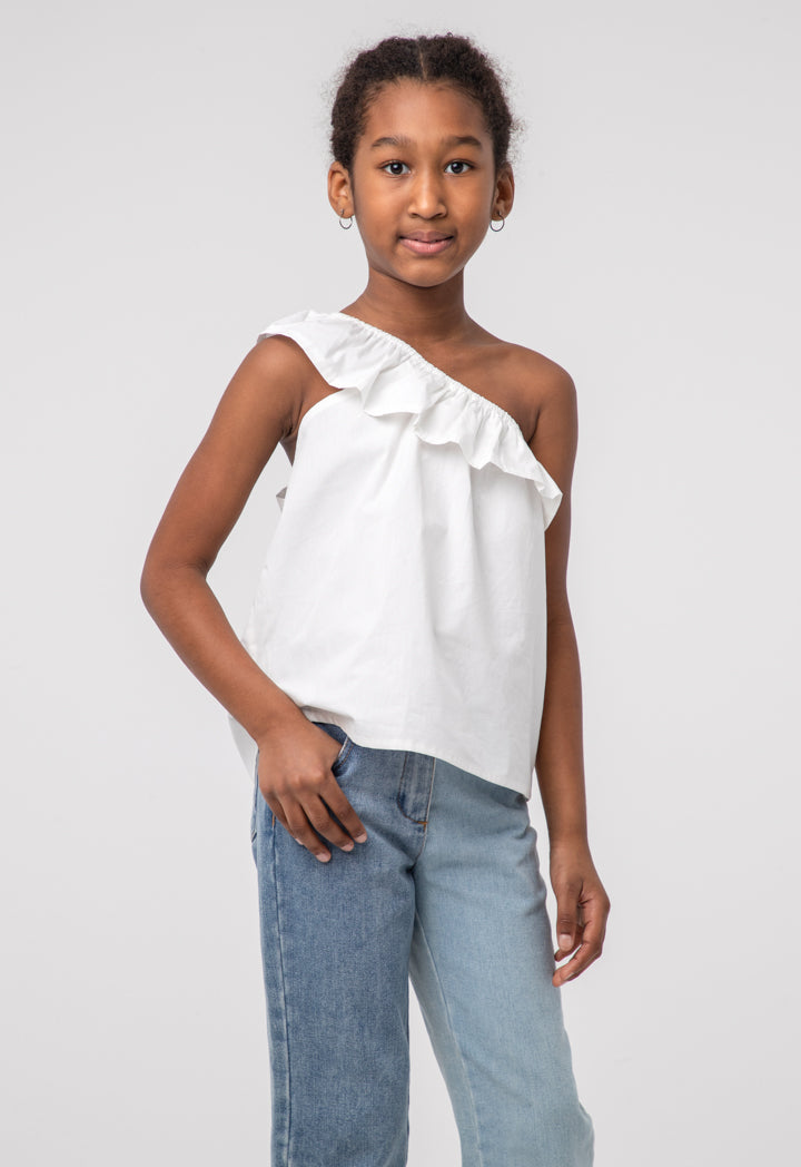 Solid Ruffle One Shoulder Sleeveless Blouse