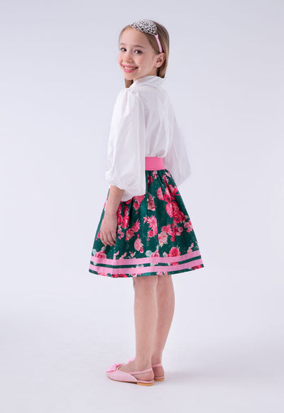 Balloon Sleeve Shirt And Floral Skirt Set